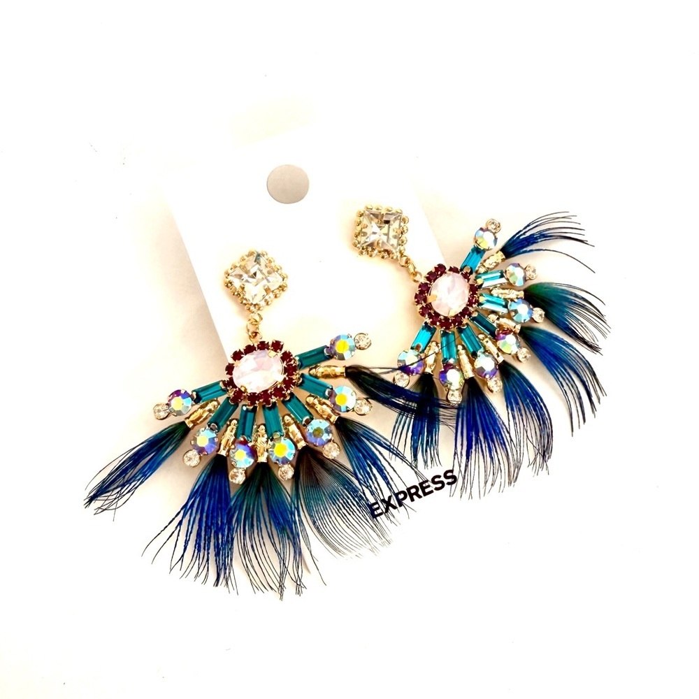 EXPRESS| Peacock-Inspired Feather & Crystal Statement Earrings | NWT